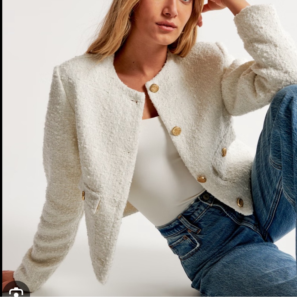 Abercrombie & Fitch Cream Bouclé Gold-Button Jacket